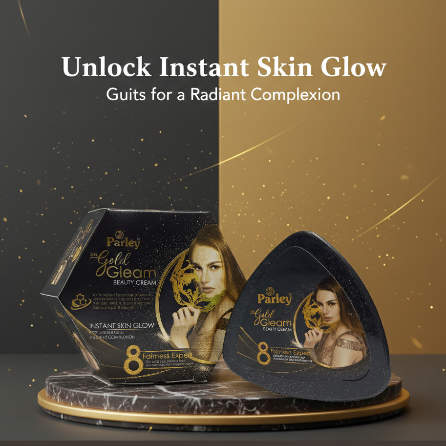 Parley Gold Gleam beauty cream packaging on a dark background with text about instant skin glow.