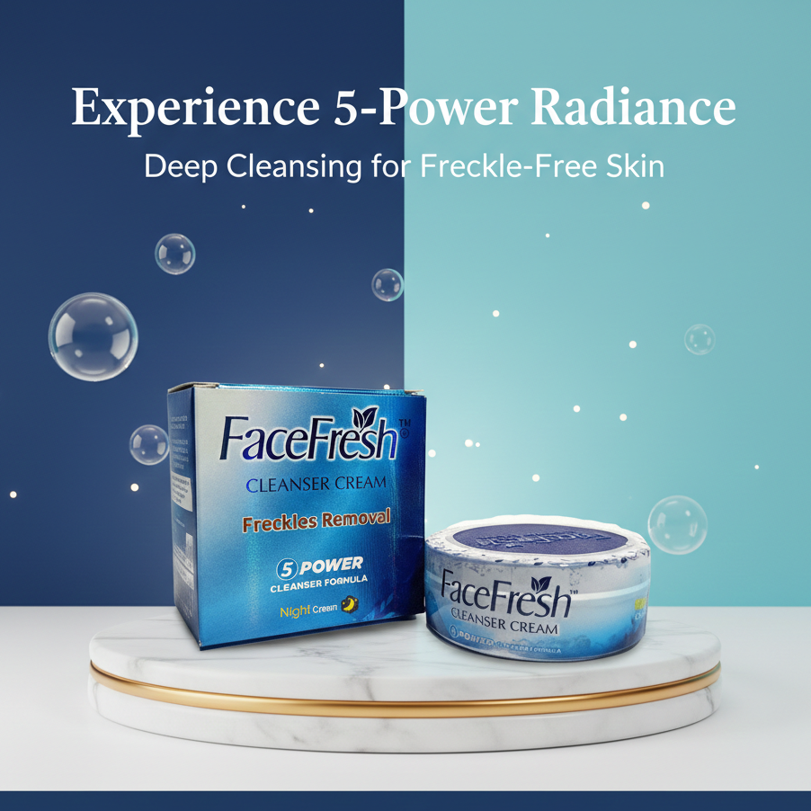 FaceFresh Cleanser Cream packaging on a marble platform with a blue and white background