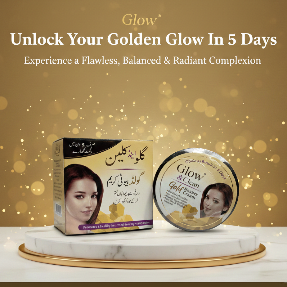 Glow skincare product packaging with a gold background and text about achieving a golden glow.