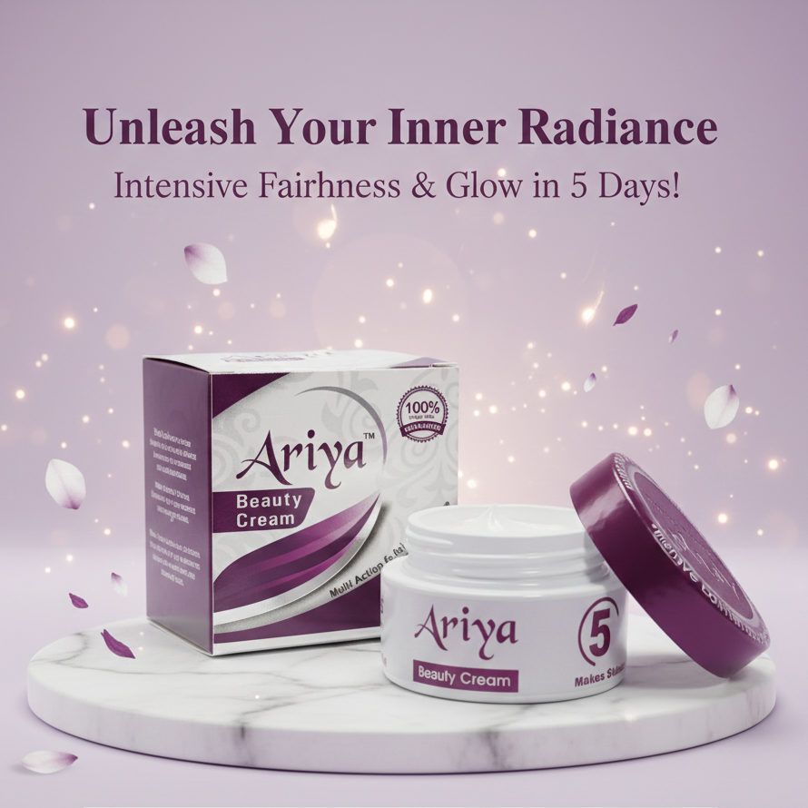 Ariya Beauty Cream with packaging on a purple background with text promoting fairness and glow.