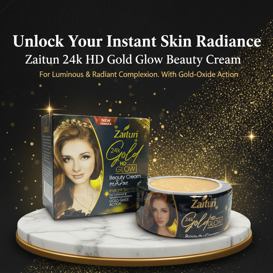 Zaitun 24k Gold Glow Beauty Cream packaging on a marble stand with gold accents.