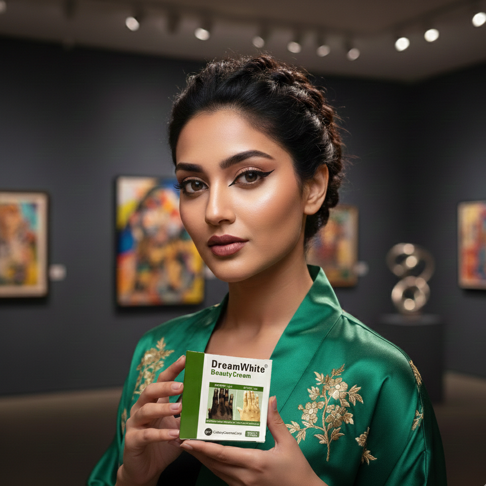 Woman in a green outfit holding a product in an art gallery setting