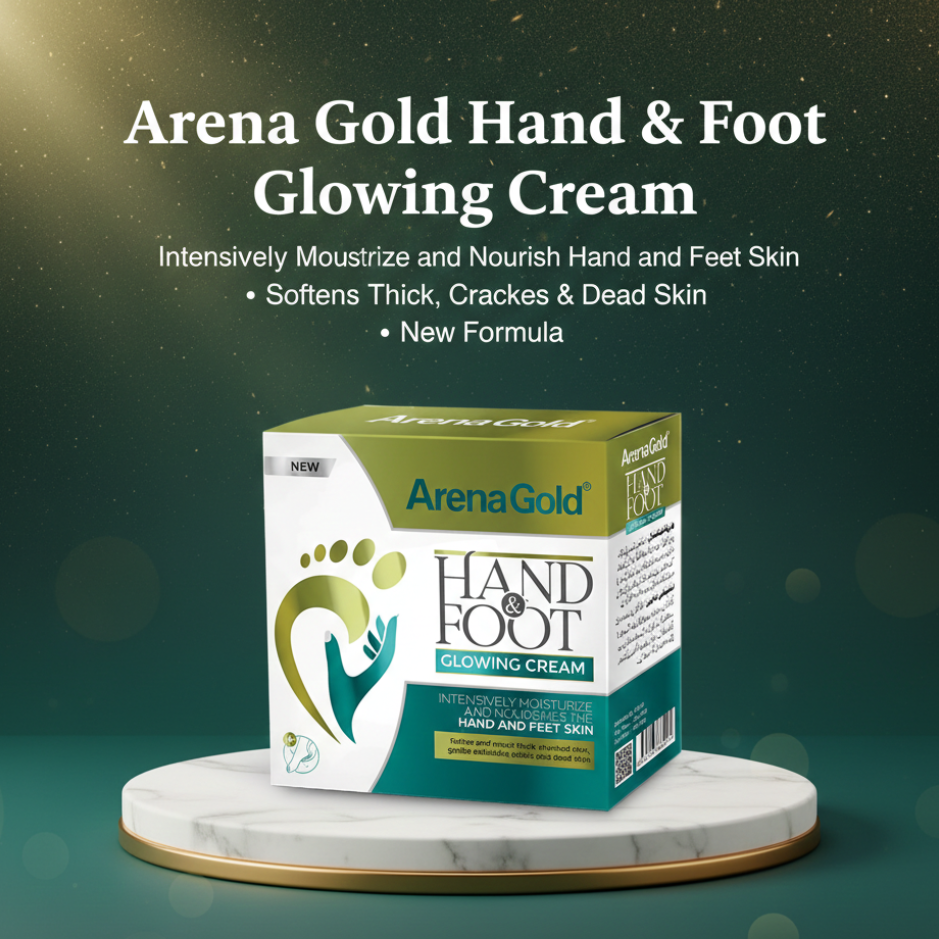 Arena Gold Hand & Foot Glowing Cream packaging on a marble stand with a dark green background