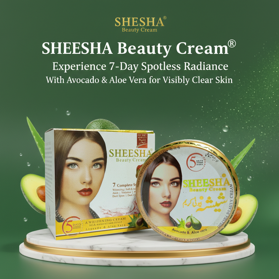 Sheesha Beauty Cream packaging with avocado and aloe vera on a green background