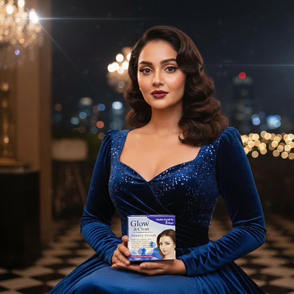 Woman in a blue dress holding a product box with 'Glow' branding in an elegant indoor setting.