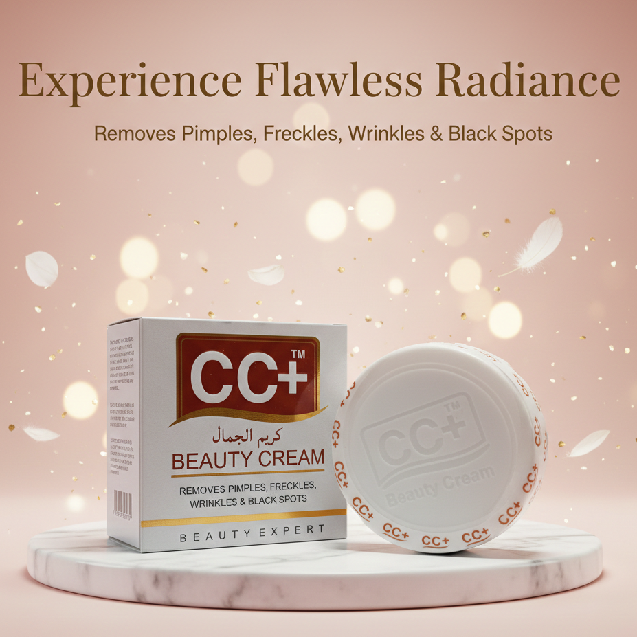 CC+ Beauty Cream packaging with cream container on a decorative platform against a soft pink background.