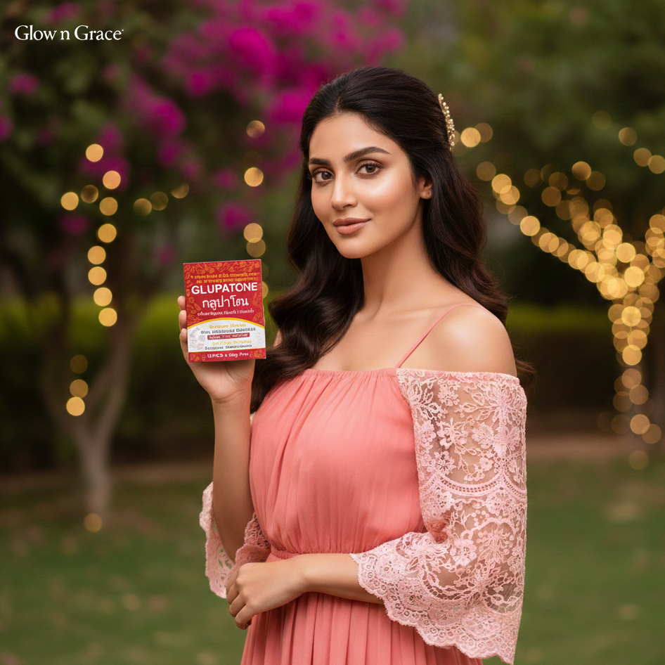 Woman in a pink dress holding a Glutathione product with blurred lights and flowers in the background