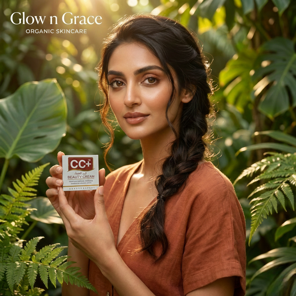 Woman holding a CC+ beauty cream in front of green foliage, with 'Glow n Grace' branding.