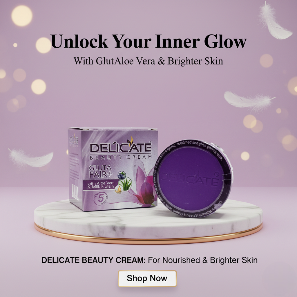 Delicate Beauty Cream packaging with purple cream jar on a marble stand against a light purple background.