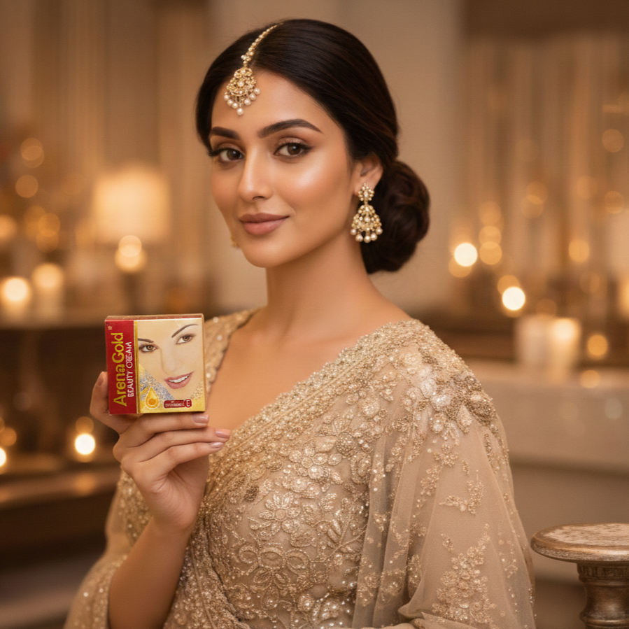 Woman in traditional attire holding a product box with a blurred background