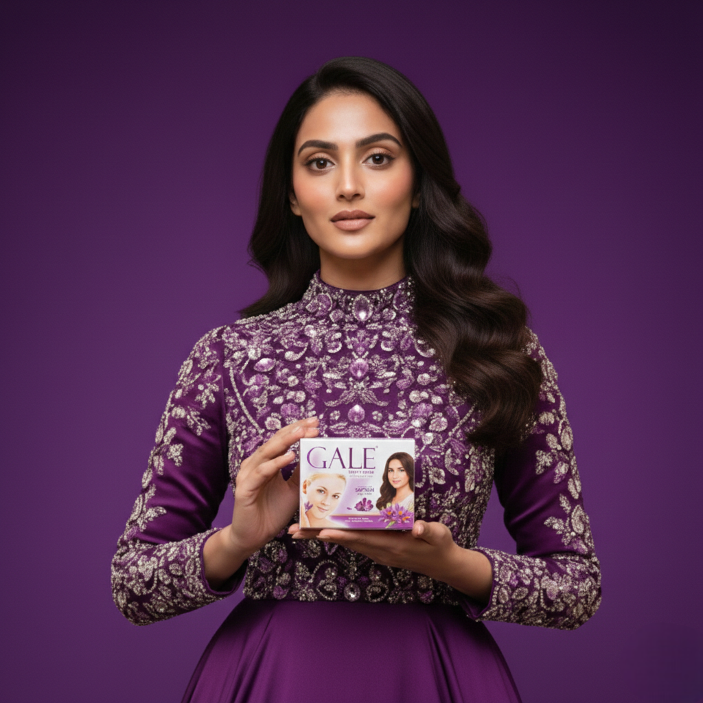 Woman holding a purple product box against a purple background
