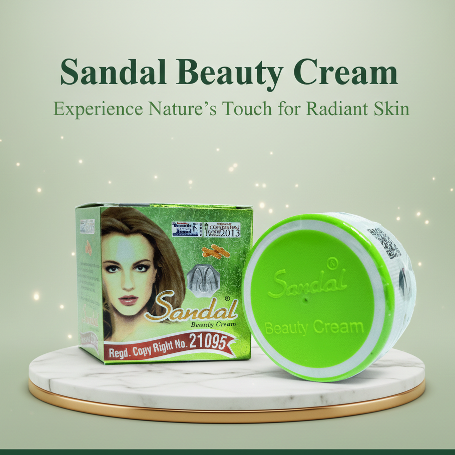 Sandal Beauty Cream packaging on a green background with text promoting natural skin care.