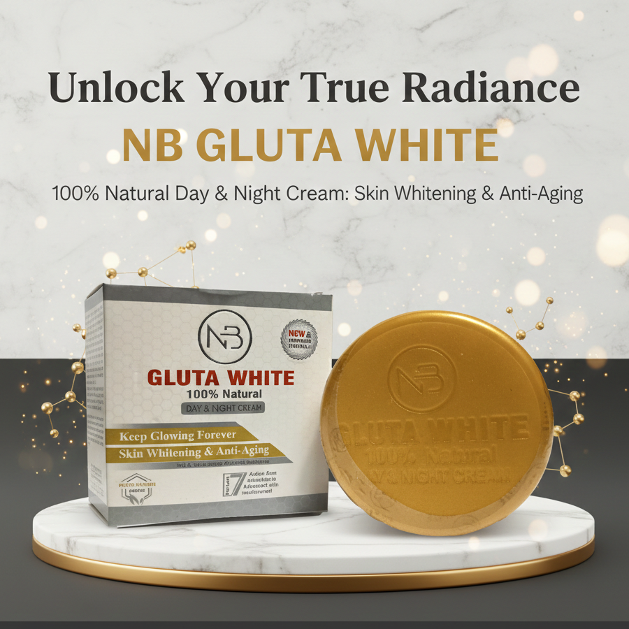 NB Gluta White cream packaging with a gold disc on a marble base against a gray background.