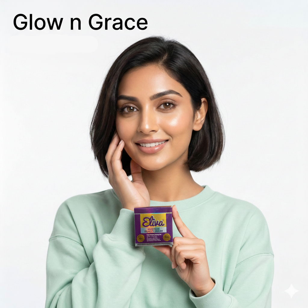 Woman holding a product box with 'Glow n Grace' branding on a white background