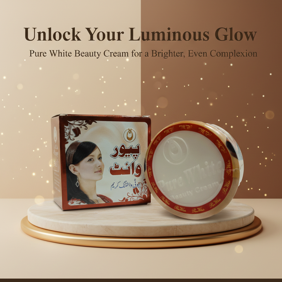 Pure White Beauty Cream packaging with a woman's face on the box, on a beige background.