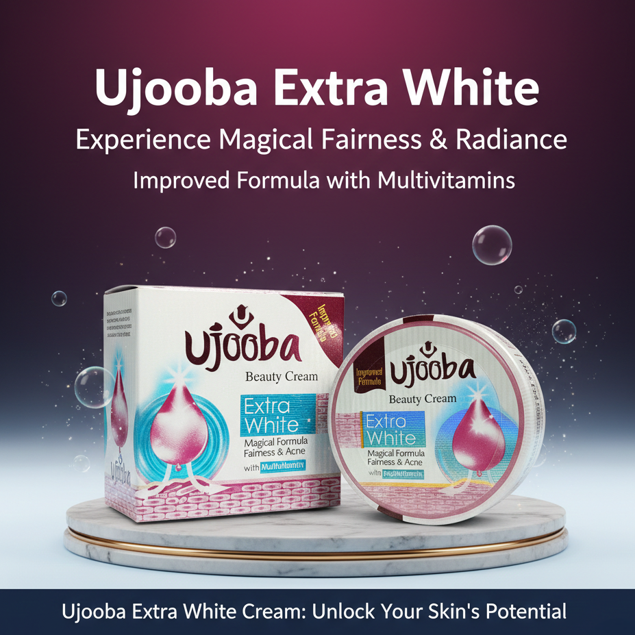 Ujooba Extra White beauty cream packaging on a gradient background with promotional text.