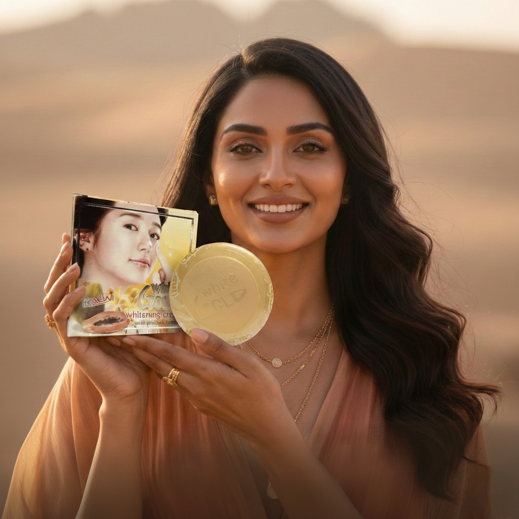 Woman holding a skincare product against a sunset background