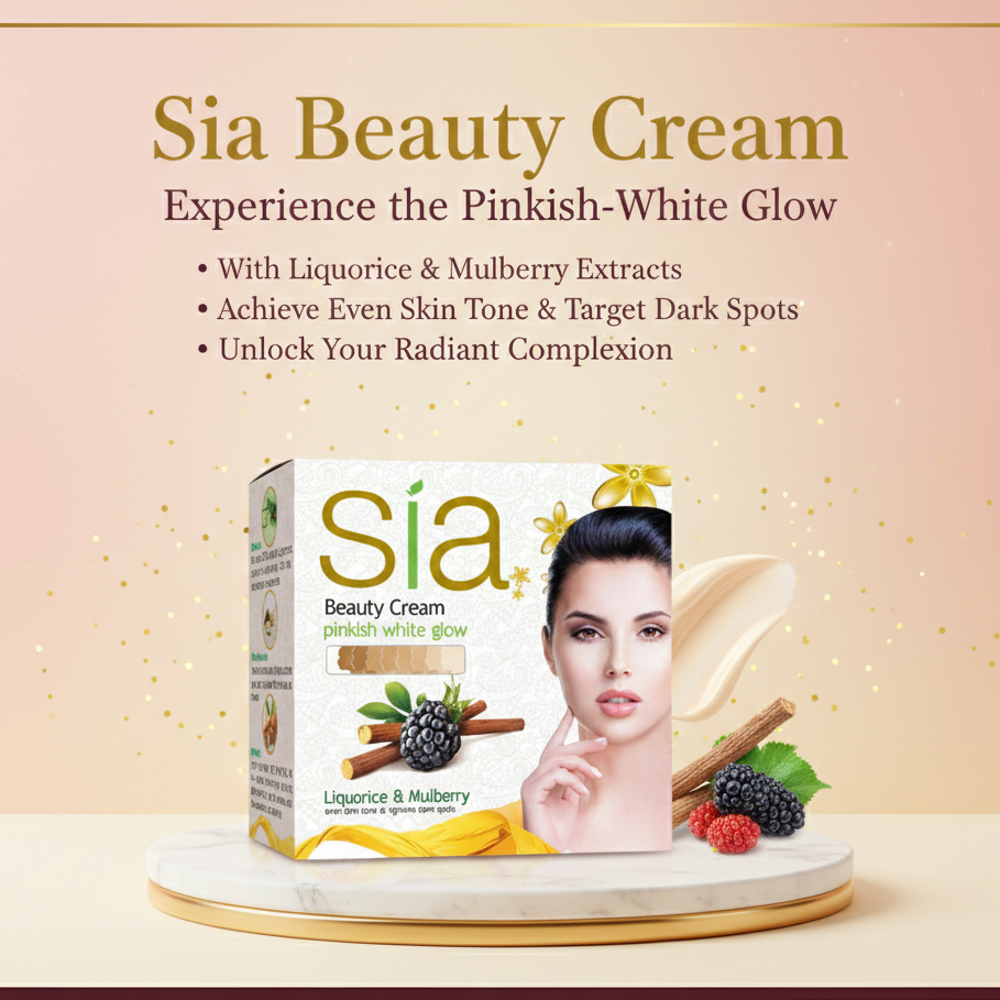 Sia Beauty Cream packaging with a woman's face on it, set against a pinkish-beige background.