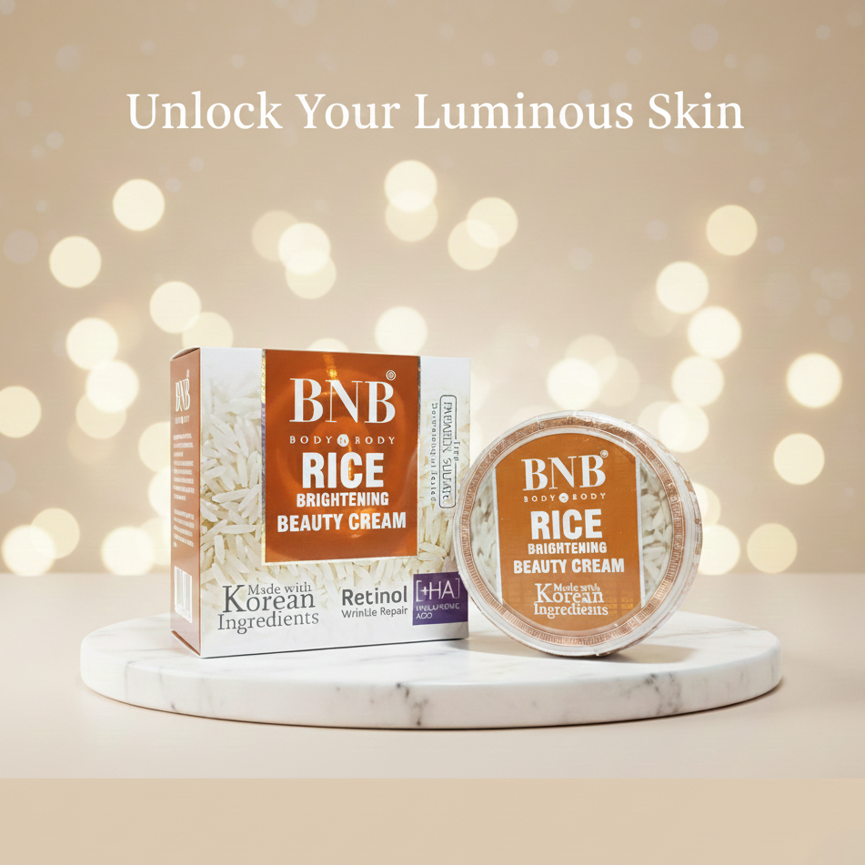 BNB Rice Brightening Beauty Cream packaging on a marble stand with a soft light background